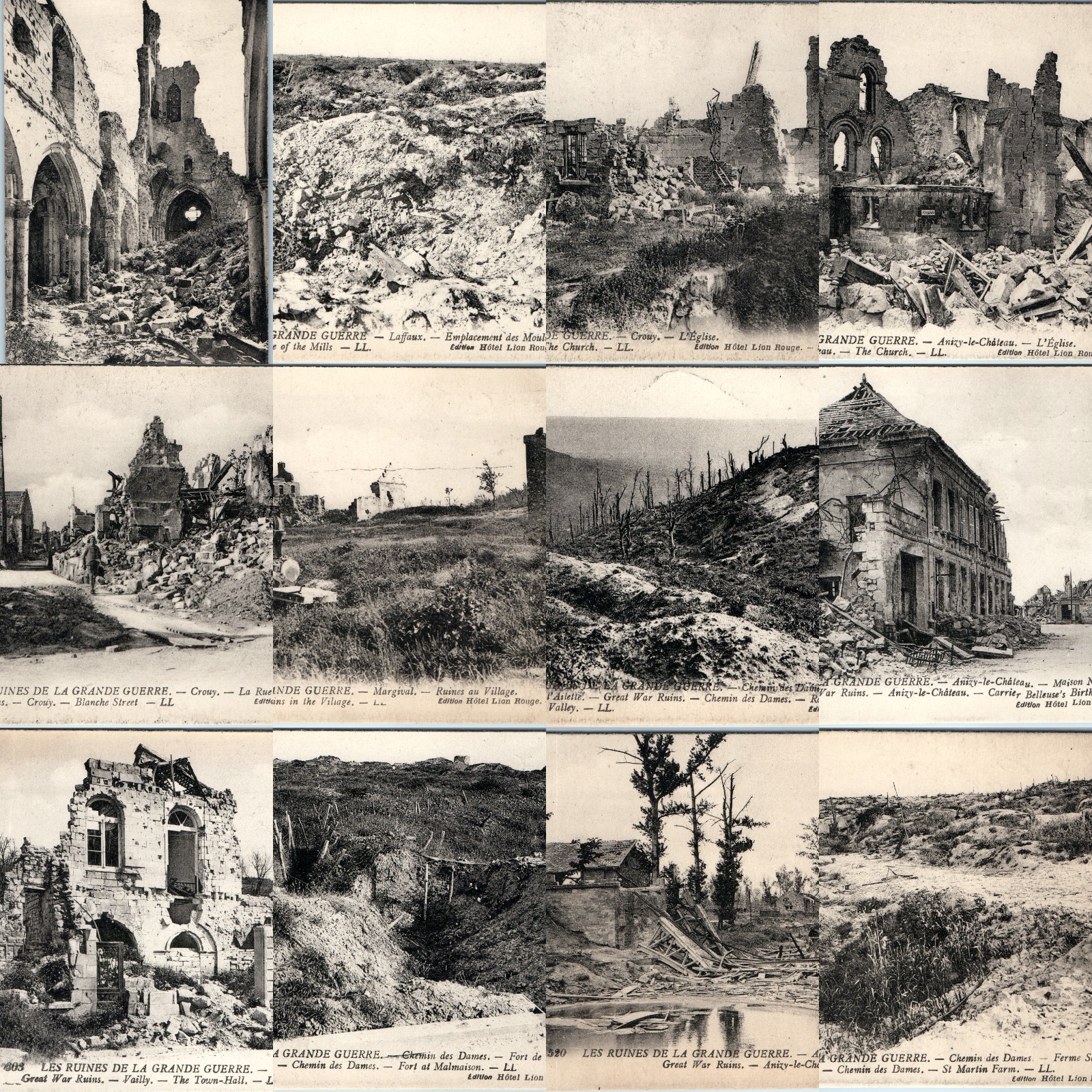 x13 LOT c1920 France WWI Ruins Postcard Soissons Chemin des Dames Aisne Battle