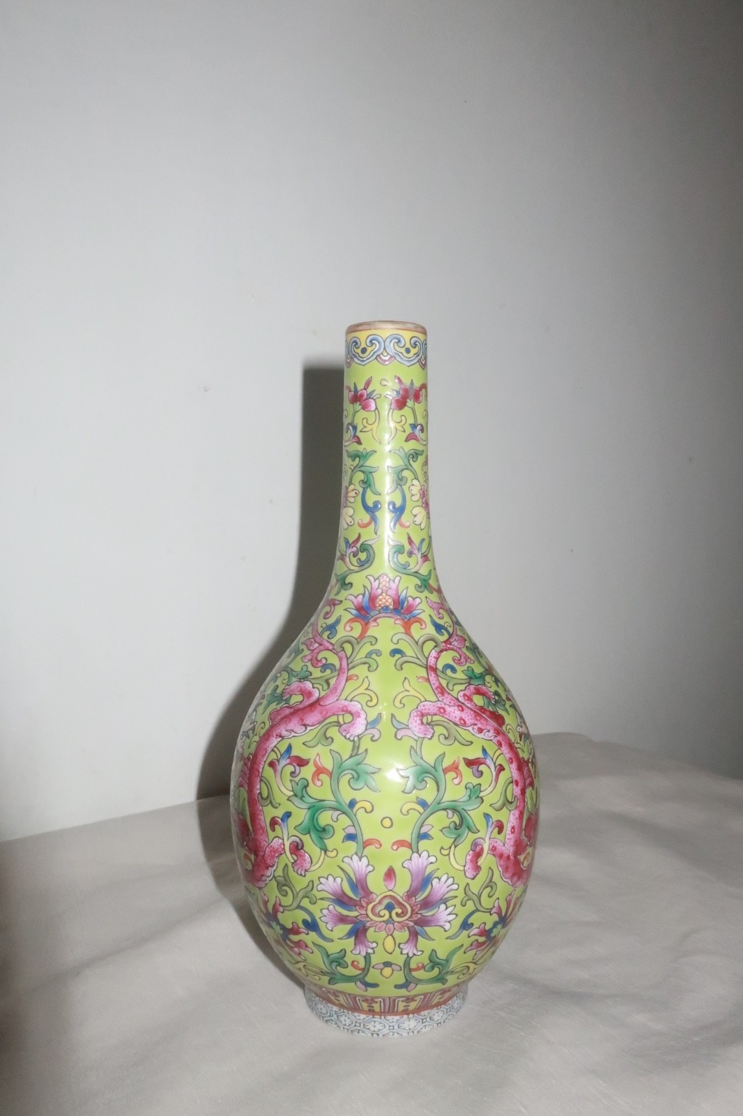 Antique Chinese Famille Rose Lime Green Ground Dragon Vase Qianlong Seal Mark Antique Chinese Famille Rose Lime Green Ground Dragon Vase Qianlong Seal Mark