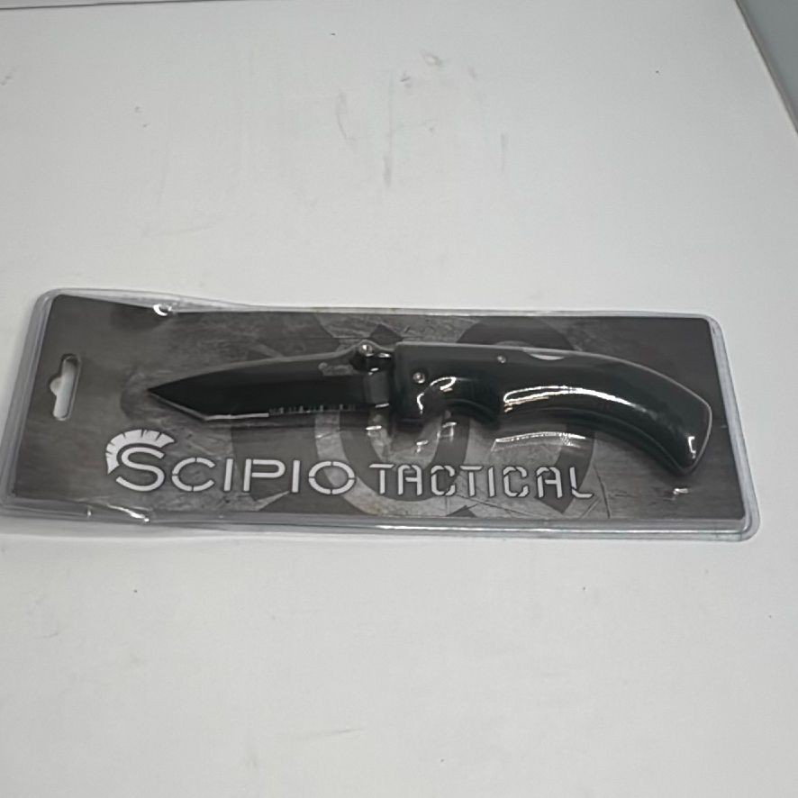 Scipio Tactical YK2191 Folding Pocket Knife Black 3.5" Semi-Serrated Blade