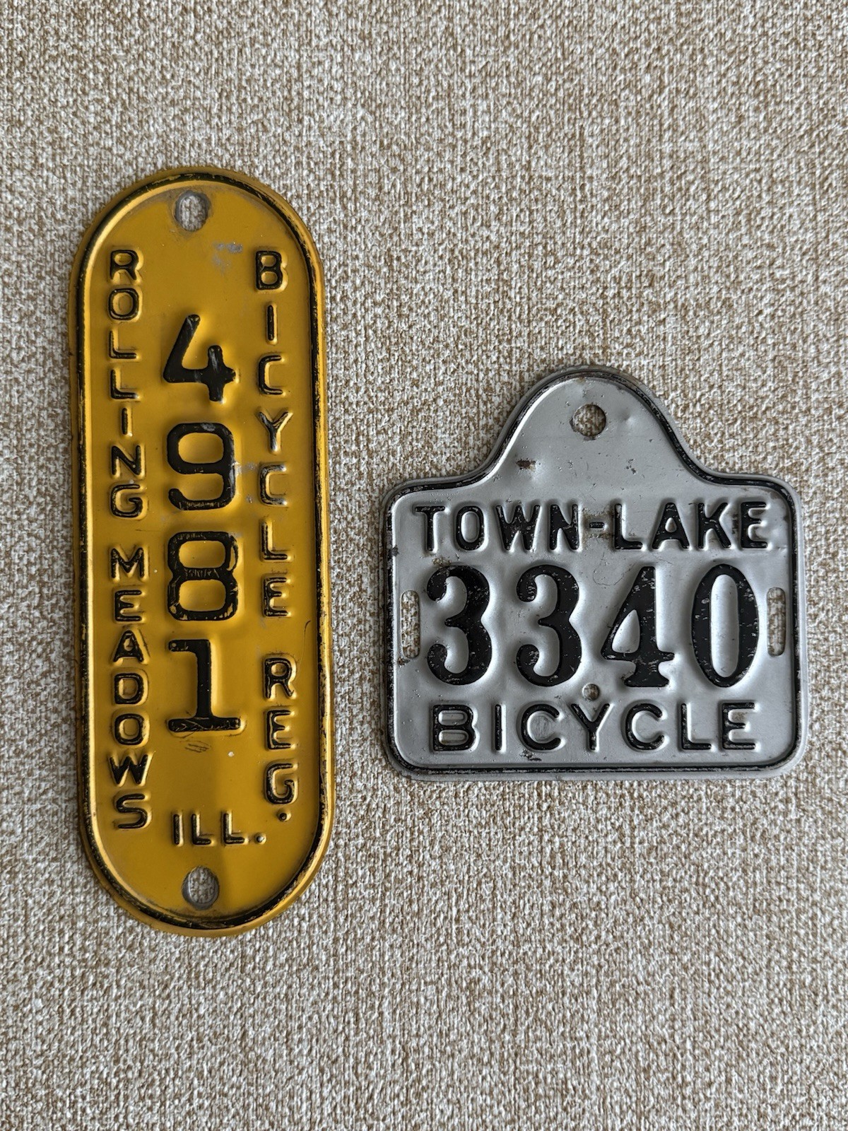 Two Vintage Bicycle Licenses Plates Rolling Meadows Illinois And Town Lake Two Vintage Bicycle Licenses Plates Rolling Meadows Illinois And Town Lake