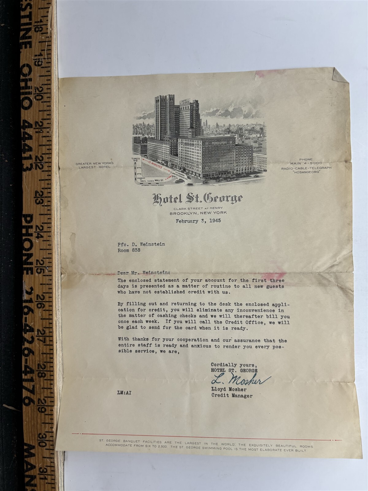 1945 Hotel St. George Brooklyn New York Letter Vintage 1945 Hotel St. George Brooklyn New York Letter Vintage