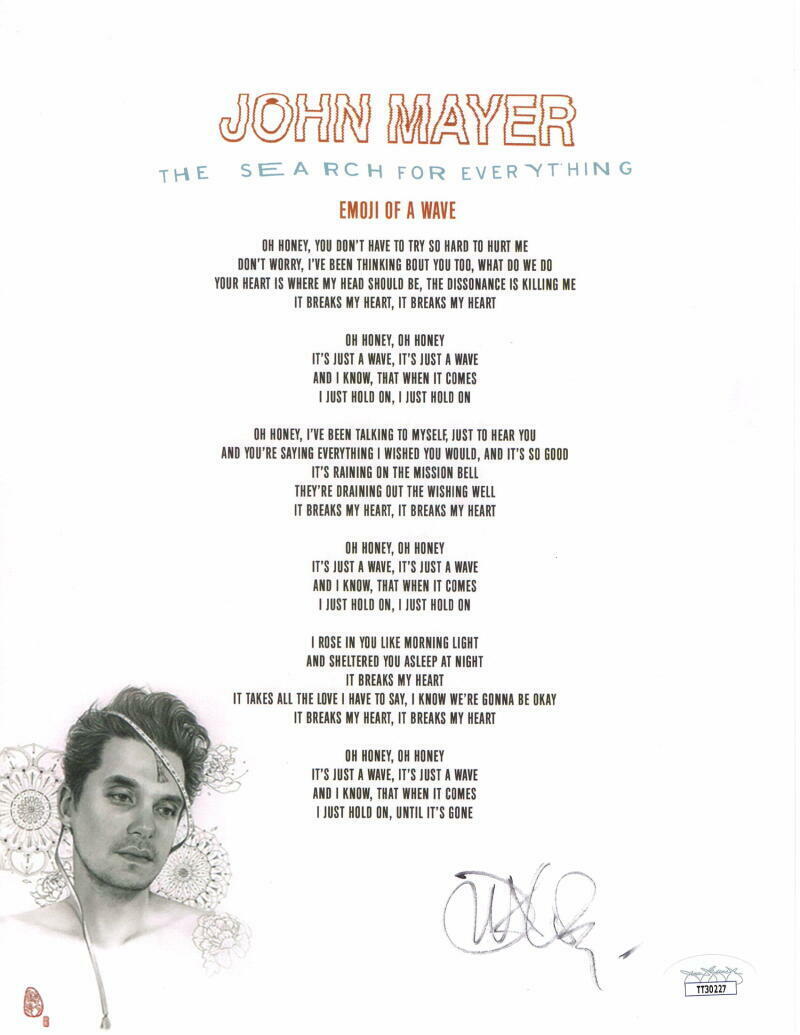 JOHN MAYER SIGNED AUTOGRAPH 8x11 THE SEARCH FOR EVERYTHING LYRIC SHEET W/ JSA