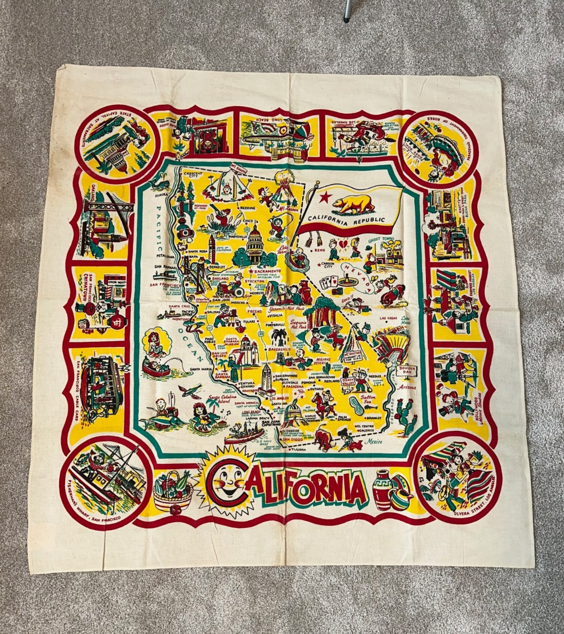 NOS Vintage 1950's California Souvenir State Cactus Cloth Tablecloth Table Cloth NOS Vintage 1950's California Souvenir State Cactus Cloth Tablecloth Table Cloth