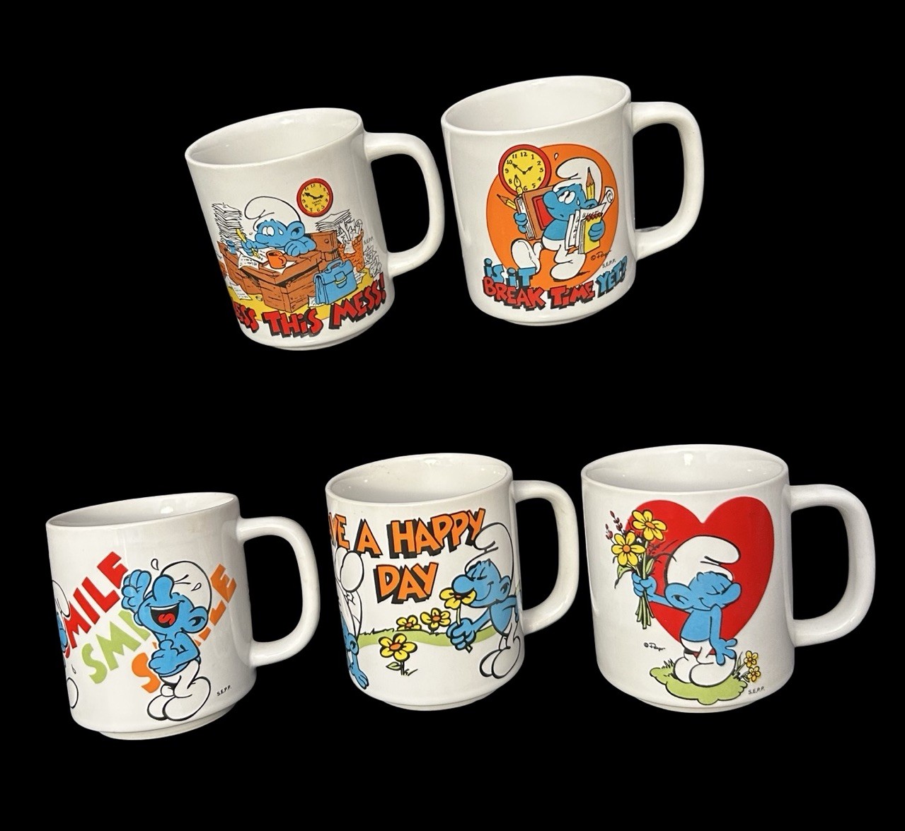 5pc Lot VTG Smurfs Coffee Mug Bless This Mess Break Time Peyo 1981 Ceramic Cups 5pc Lot VTG Smurfs Coffee Mug Bless This Mess Break Time Peyo 1981 Ceramic Cups