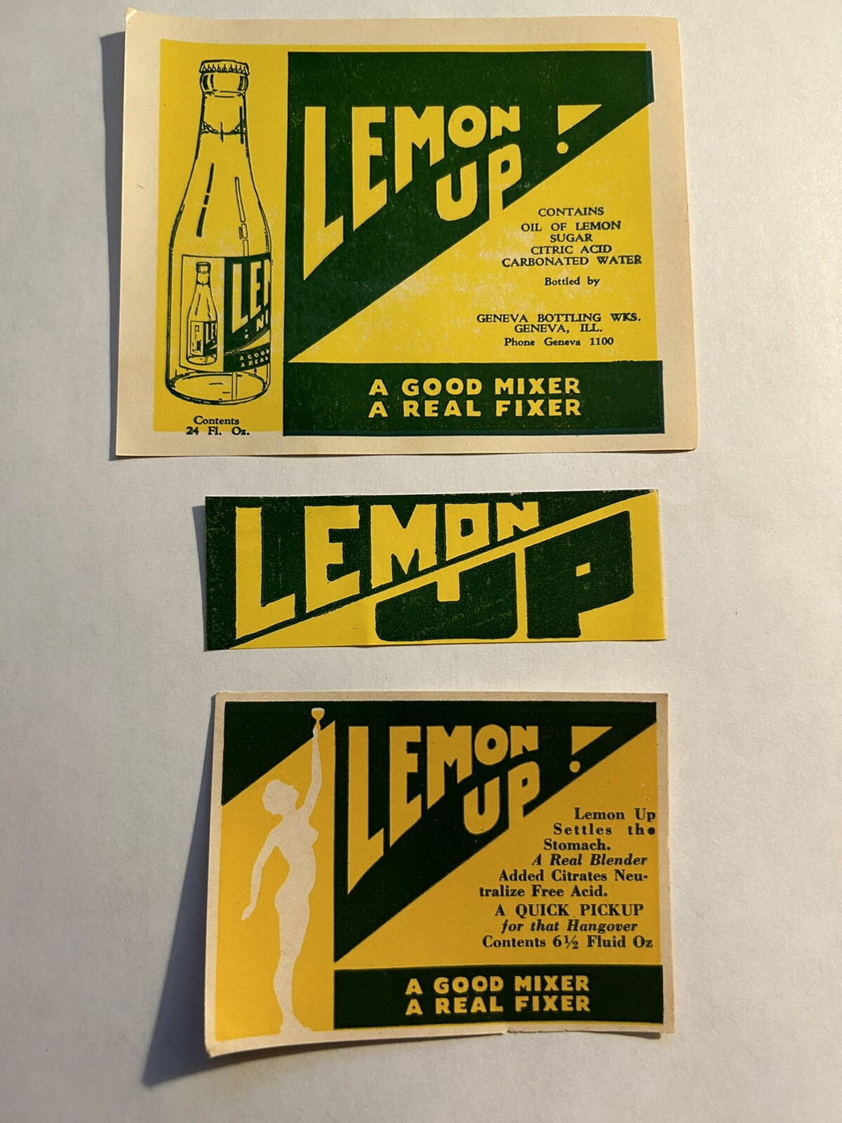 Lemon Up Mixer Label Set Geneva Illinois "For that Hangover" c1920's-30's Scarce Lemon Up Mixer Label Set Geneva Illinois "For that Hangover" c1920's-30's Scarce