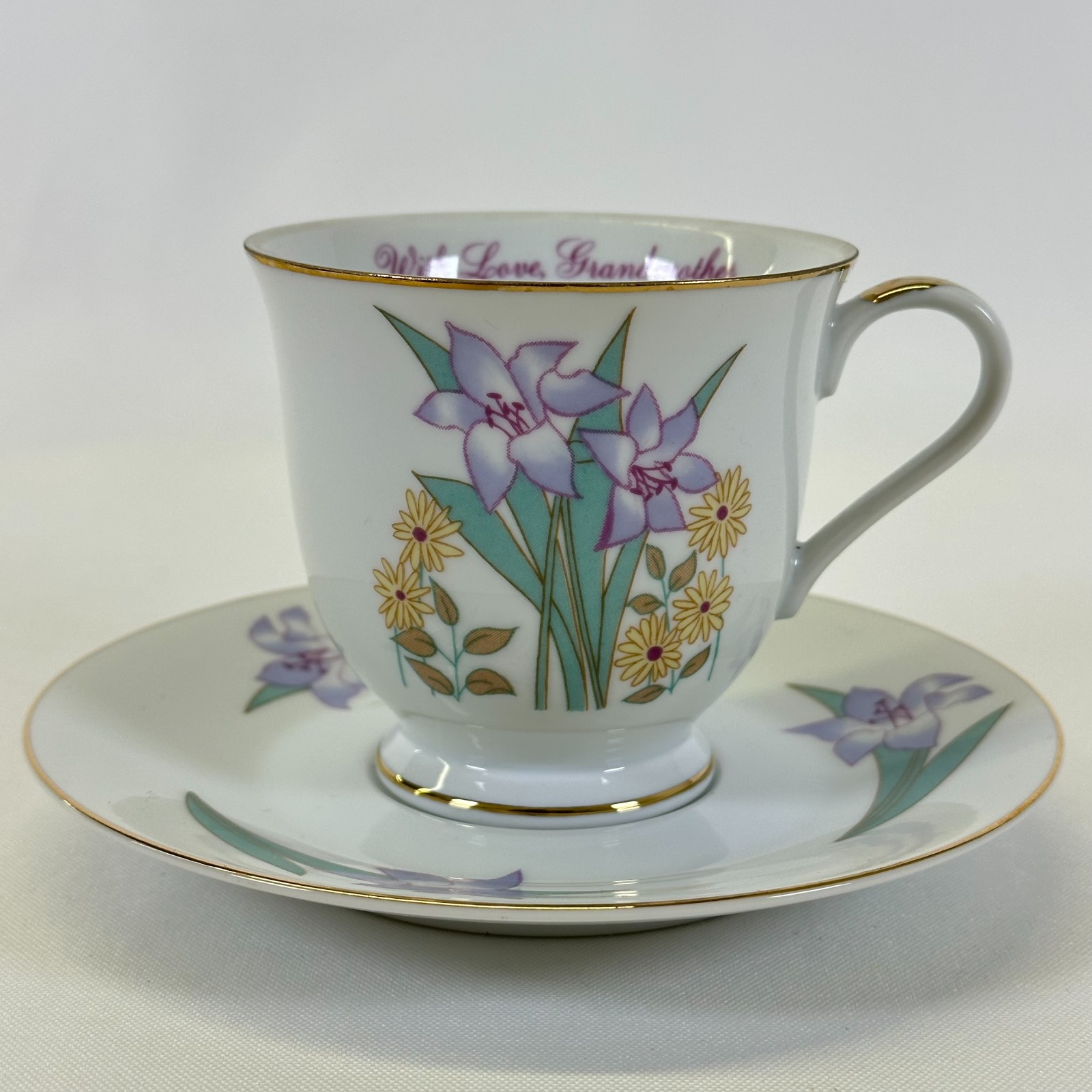 Vintage Russ Berrie Grandmother Floral Cup Saucer Japan 4971 Gold Trim Vintage Russ Berrie Grandmother Floral Cup Saucer Japan 4971 Gold Trim