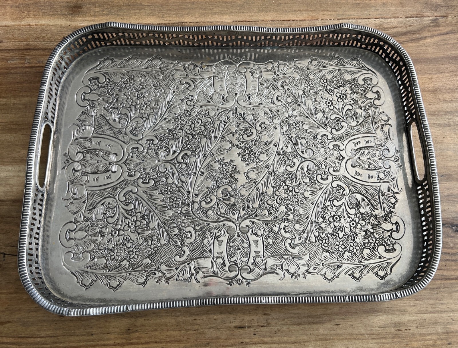 Vintage Middle Eastern Silver-Plated Deep Gallery Tray - Signed "SOOQ"