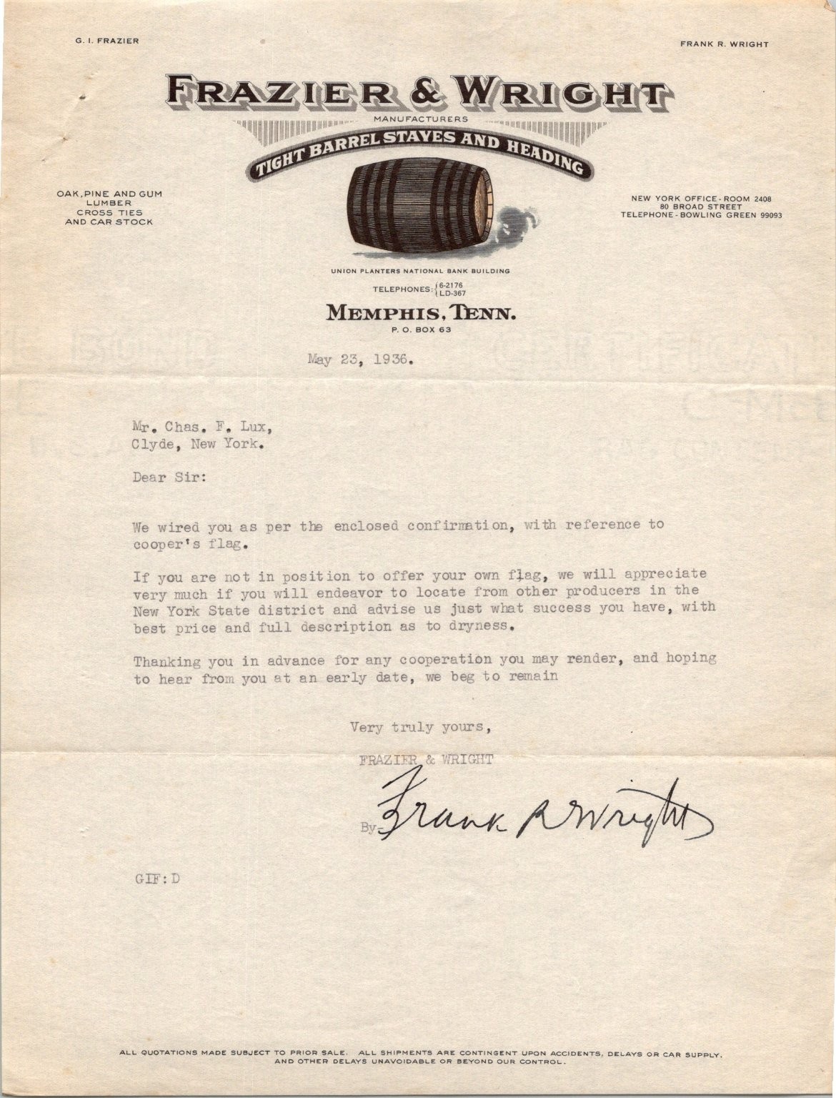 1936 Frazier & Wright Letter Memphis Tenn. Barrel Staves Cooperage NY 1936 Frazier & Wright Letter Memphis Tenn. Barrel Staves Cooperage NY