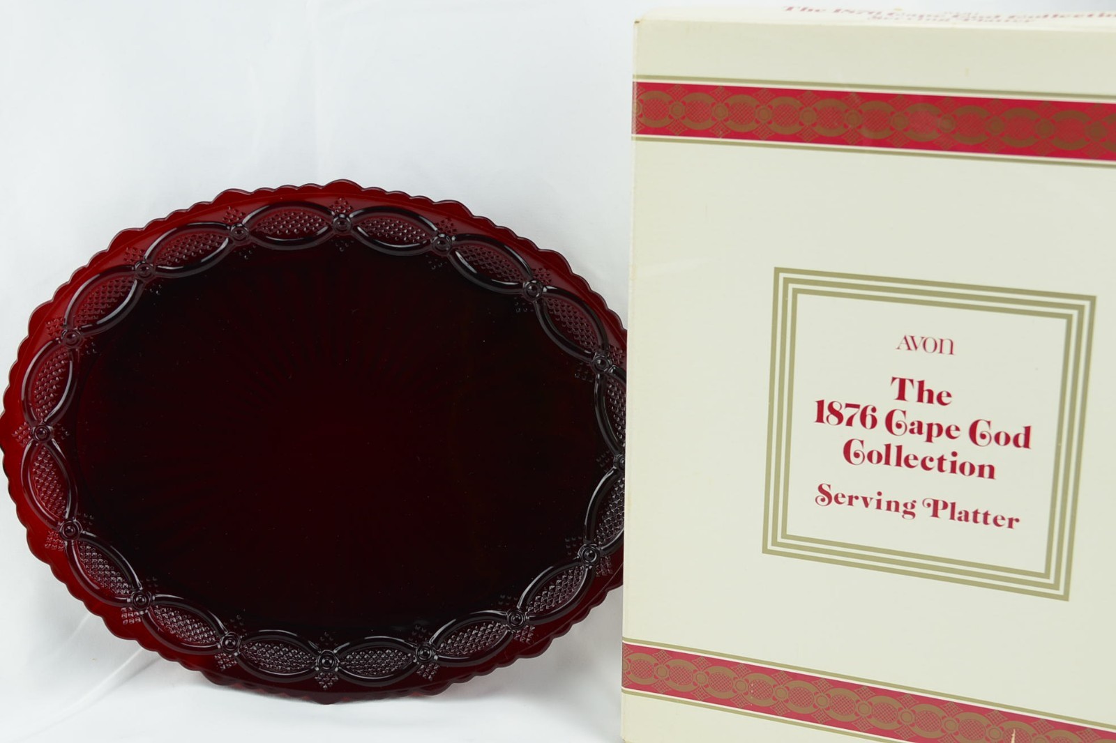 Avon 1876 Cape Cod Ruby Red Glass 13.5 Inch Oval Serving Platter NIB Vintage Avon 1876 Cape Cod Ruby Red Glass 13.5 Inch Oval Serving Platter NIB Vintage
