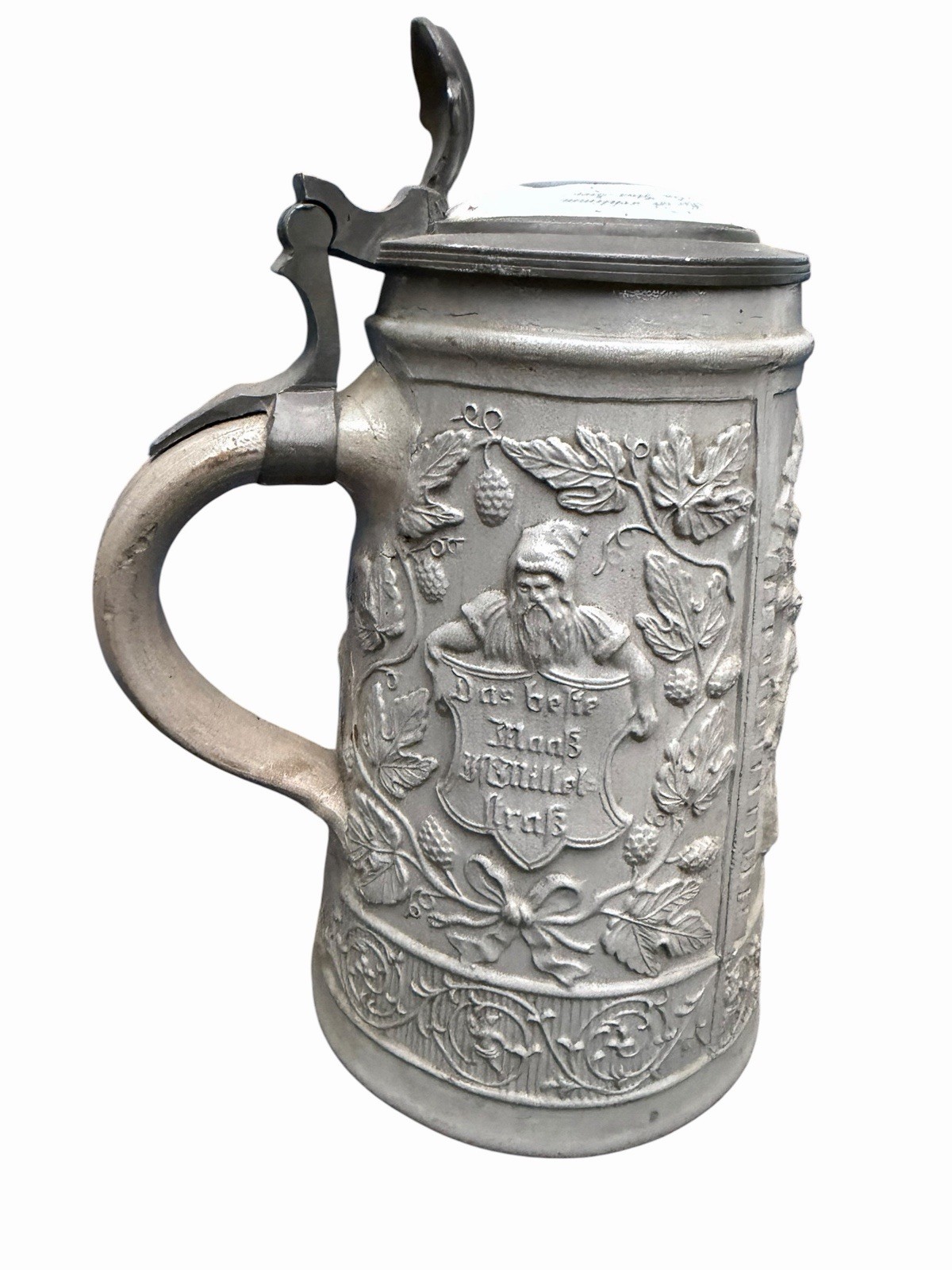 Antique German Salt Glazed Beer Stein Porcelain Inlaid Lid Relief Dwarf 1880s