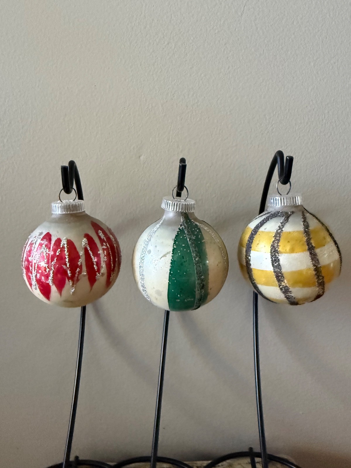 3 Vintage West Germany DBGM Glass with Mica Christmas Ornaments