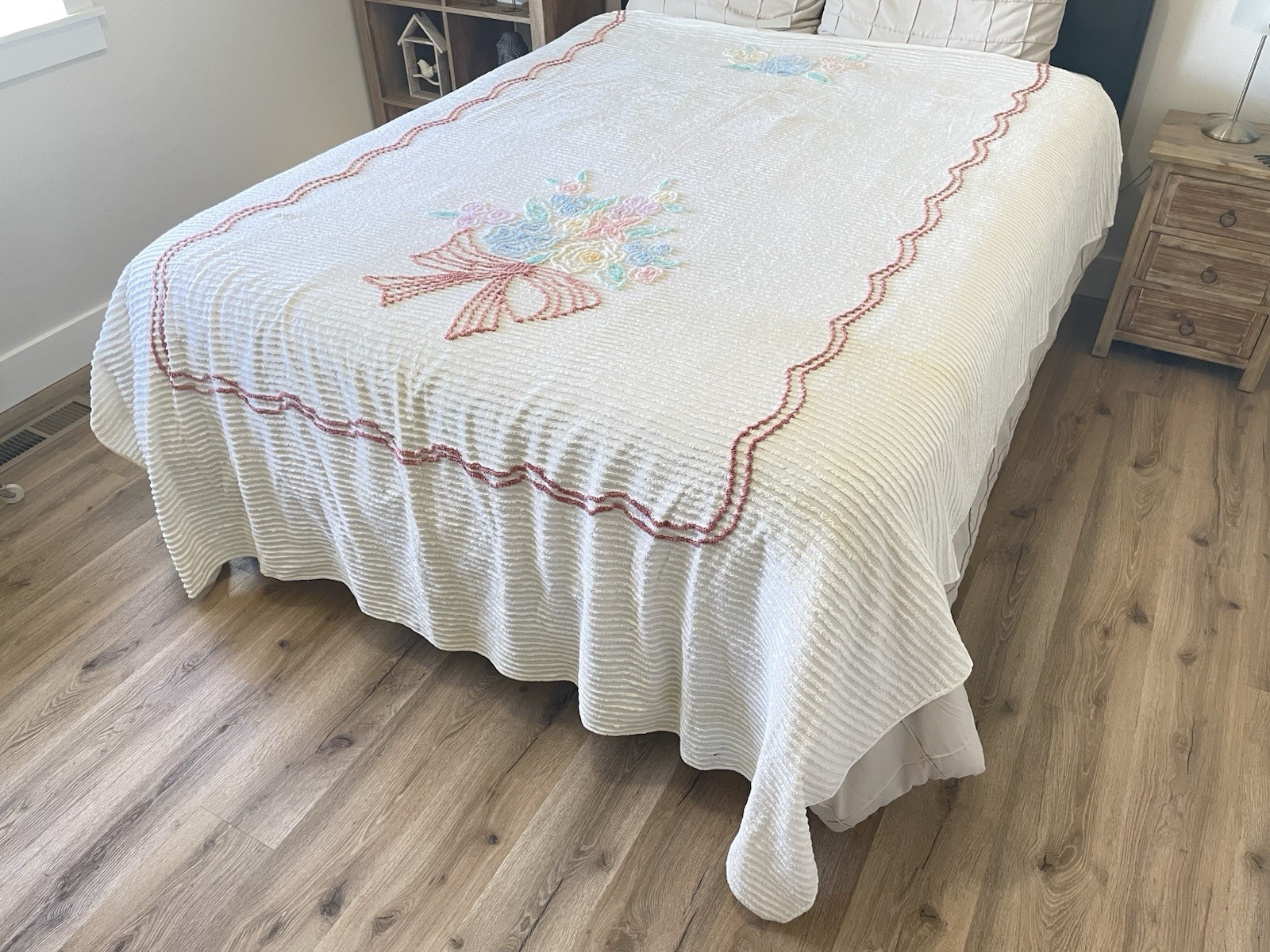 Vintage Chenille Bedspread Pastel Floral Bouquet Pink Bow Cottage Coverlet AS IS Vintage Chenille Bedspread Pastel Floral Bouquet Pink Bow Cottage Coverlet AS IS