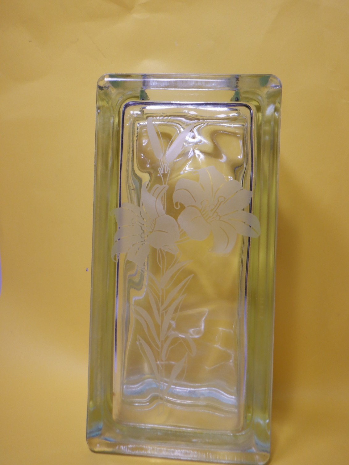 VTG HEAVY GLASS BLOCK VASE W/ ETCHED FLOWERS MADE IN GERMANY VTG HEAVY GLASS BLOCK VASE W/ ETCHED FLOWERS MADE IN GERMANY