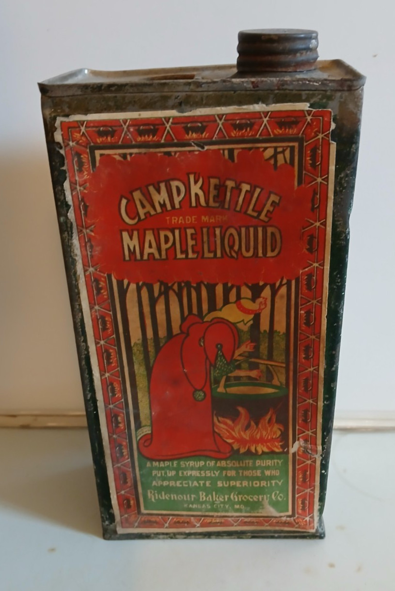 OLD ANTIQUE VINTAGE MAPLE SYRUP TIN CAMP KETTLE KANSAS CITY MO. WITCH FOREST AD OLD ANTIQUE VINTAGE MAPLE SYRUP TIN CAMP KETTLE KANSAS CITY MO. WITCH FOREST AD