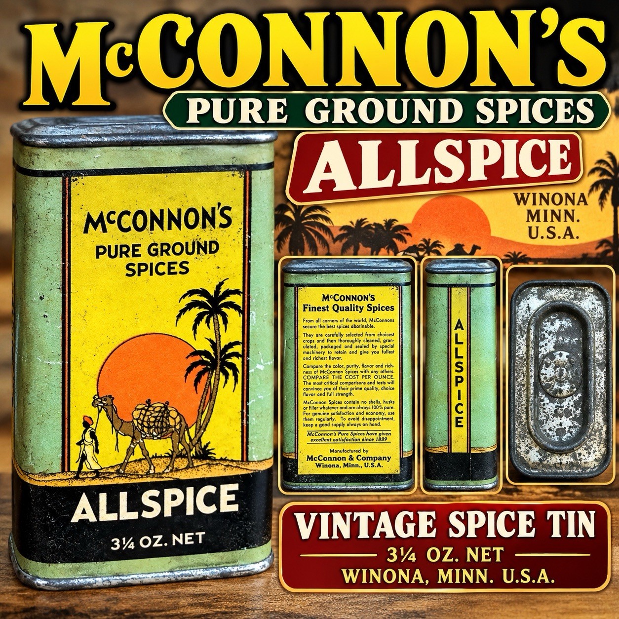 VTG McConnon’s Allspice Spice Can Tin 3 1/4 Oz Winona MN Camel Amazing Graphics VTG McConnon’s Allspice Spice Can Tin 3 1/4 Oz Winona MN Camel Amazing Graphics