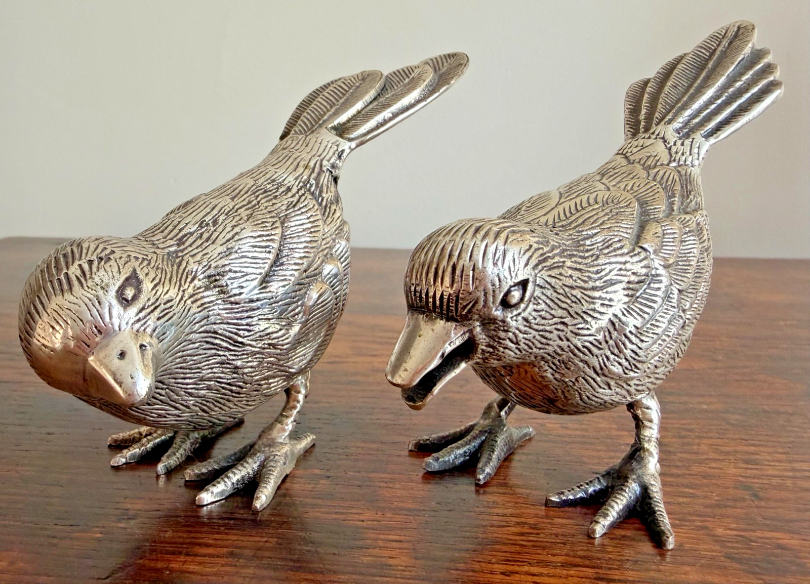Vintage Set of TWO (2) Heavy Silver-Plated EPNS Lacquered Bird Figurines - India Vintage Set of TWO (2) Heavy Silver-Plated EPNS Lacquered Bird Figurines - India