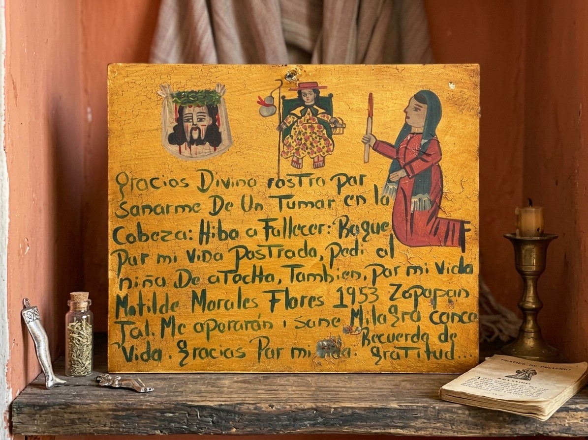 Divino Rostro 1953 Mexican Ex Voto Retablo Head Tumor Healed 11 in Divino Rostro 1953 Mexican Ex Voto Retablo Head Tumor Healed 11 in