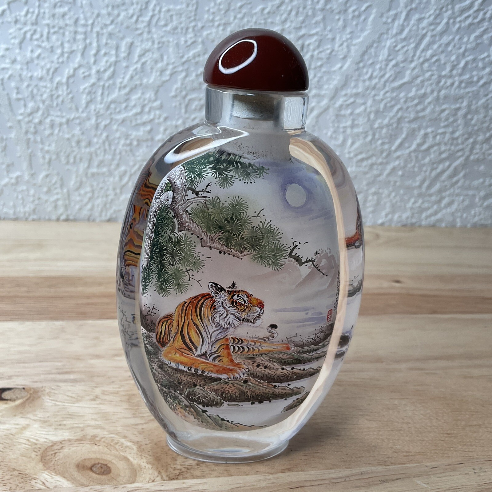 Vintage Hand Carved Crystal Snuff Bottle, Reverse Painted 'Tiger “ Signed Vintage Hand Carved Crystal Snuff Bottle, Reverse Painted 'Tiger “ Signed
