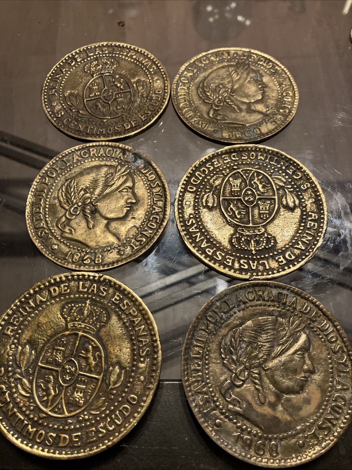 Lot of 4 Antique Coasters Jumbo Large Spanish Coins 3" Diameter Paperweights Lot of 4 Antique Coasters Jumbo Large Spanish Coins 3" Diameter Paperweights