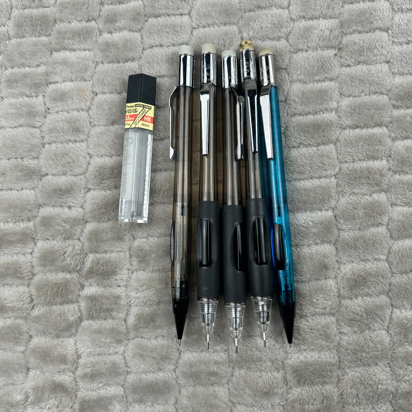 5 Vtg Pentel Quicker Clicker Mechanical Pencil Lot PD345 Smoke Grey & Blue
