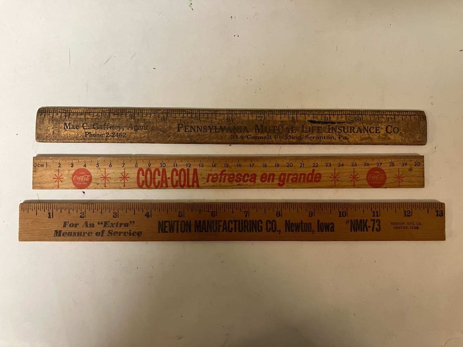 QTY 3 VTG Advertising Rulers Coca Cola Pennsylvania Mutual Life Newton Manufact