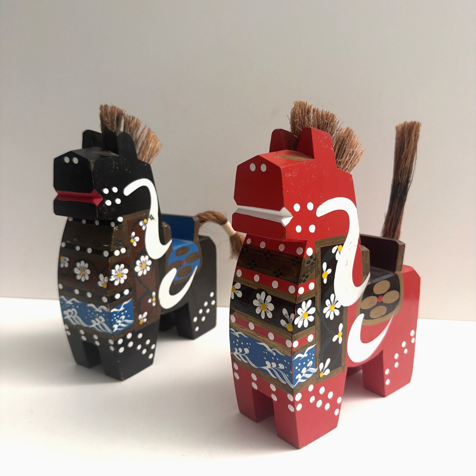 2) Vintage Hachinohe Yawata-Uma Wooden Toy Good Luck Horse Japanese Folk Art 8"