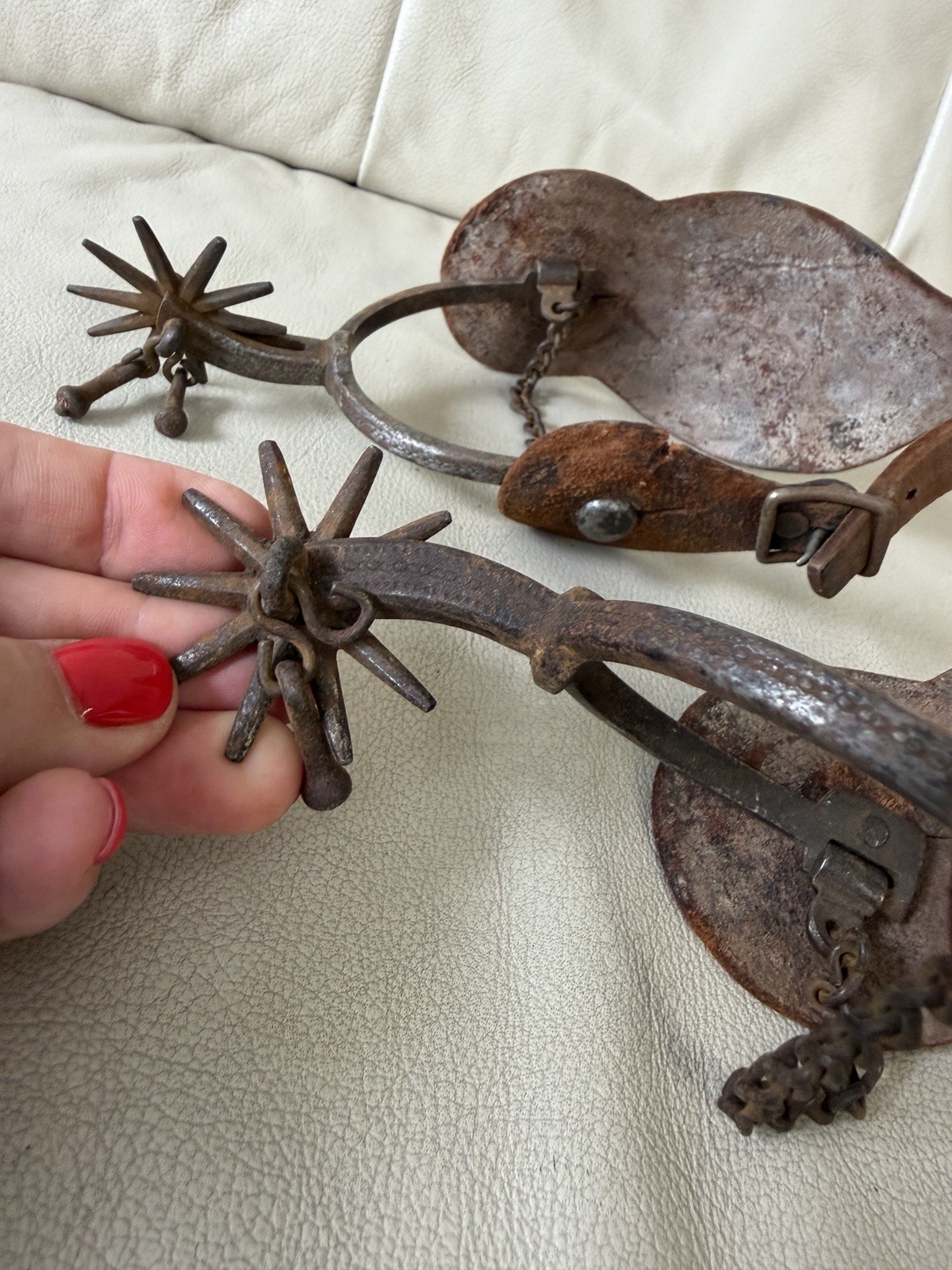Antique 19thC Hand-Forged Western Cowboy Spurs with Jingle Bobs & Tooled Leather Antique 19thC Hand-Forged Western Cowboy Spurs with Jingle Bobs & Tooled Leather