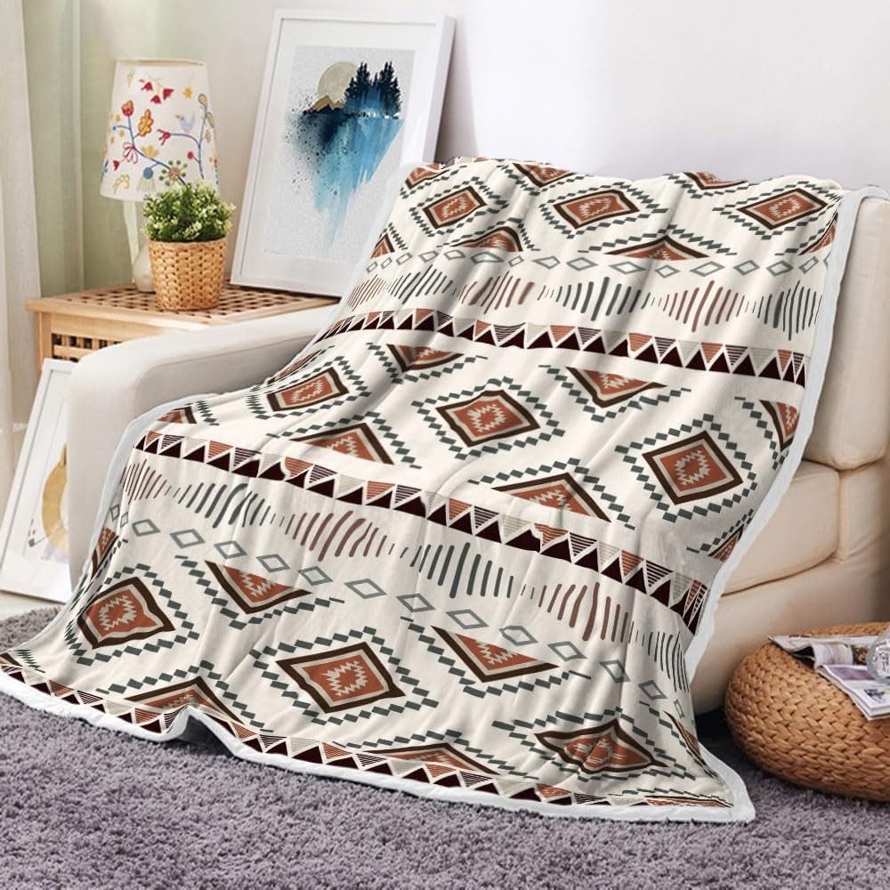 Southwest Aztec Throw Blanket, Beige Southwestern Native Tribal American Blan...