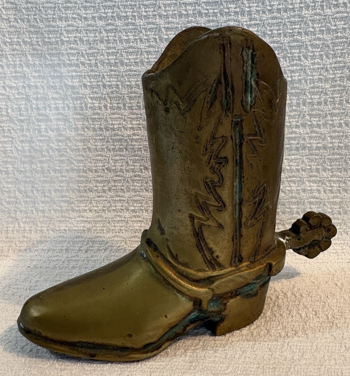 Vintage Solid Brass Cowboy Boot Figurine with Spur Mid Century Western 6 1/2"
