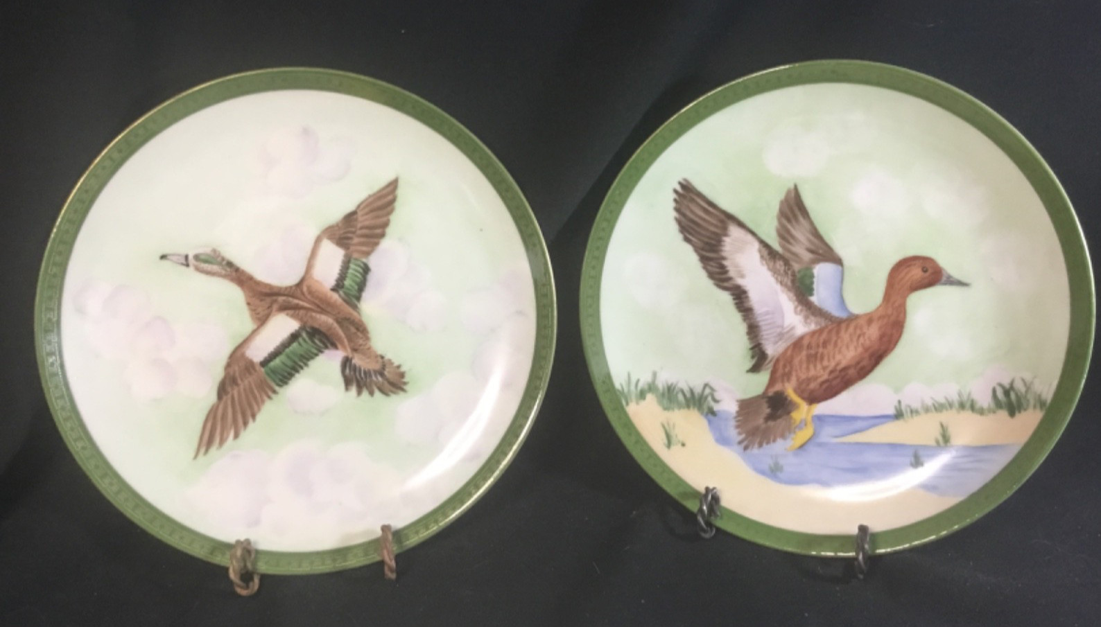 Antique Bavarian Porcelain Ducks HandPainted & Artist Signed Pair of Plates Antique Bavarian Porcelain Ducks HandPainted & Artist Signed Pair of Plates