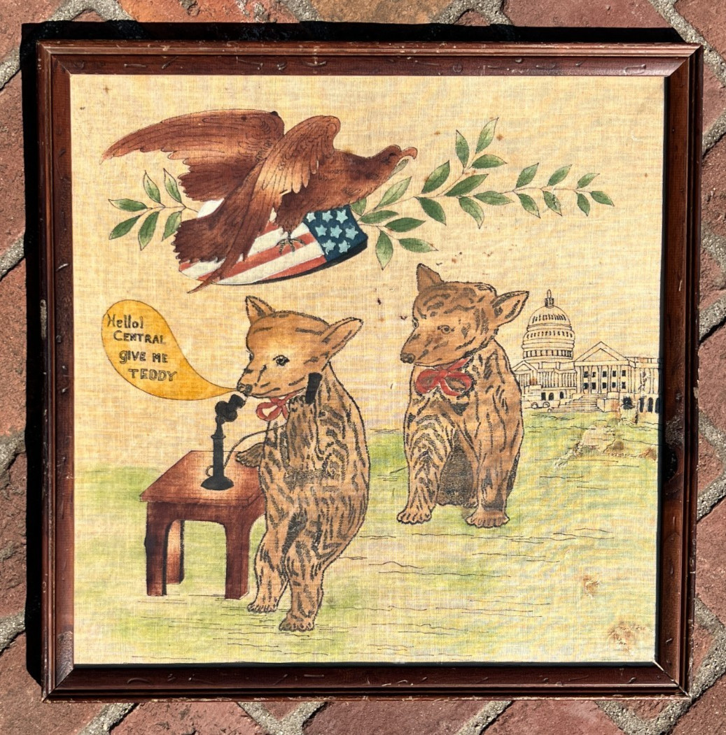 Antique Teddy Roosevelt Folk Art Sampler “Hello Central Give Me Teddy” c.1905 Antique Teddy Roosevelt Folk Art Sampler “Hello Central Give Me Teddy” c.1905
