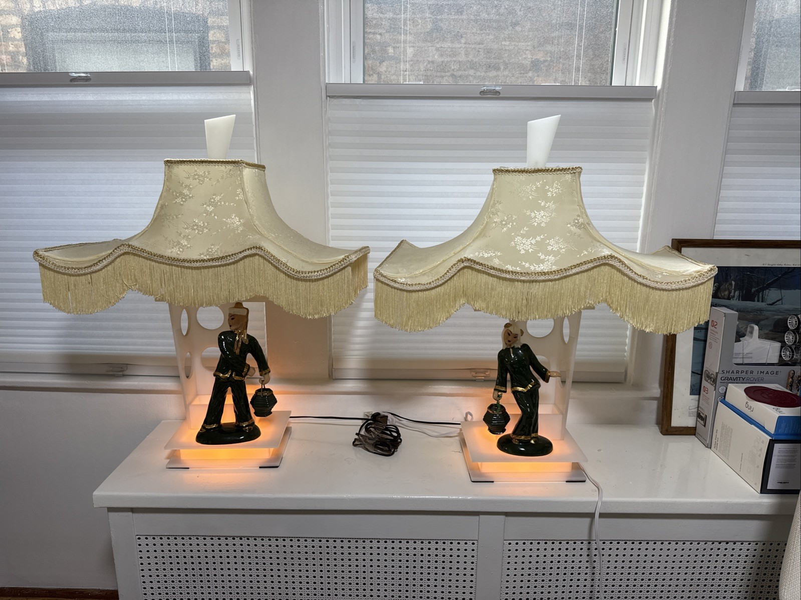 Vintage 1950s Pair Moss Lamp Hedi Schoop Asian Couple W/Original Shade/Finials Vintage 1950s Pair Moss Lamp Hedi Schoop Asian Couple W/Original Shade/Finials