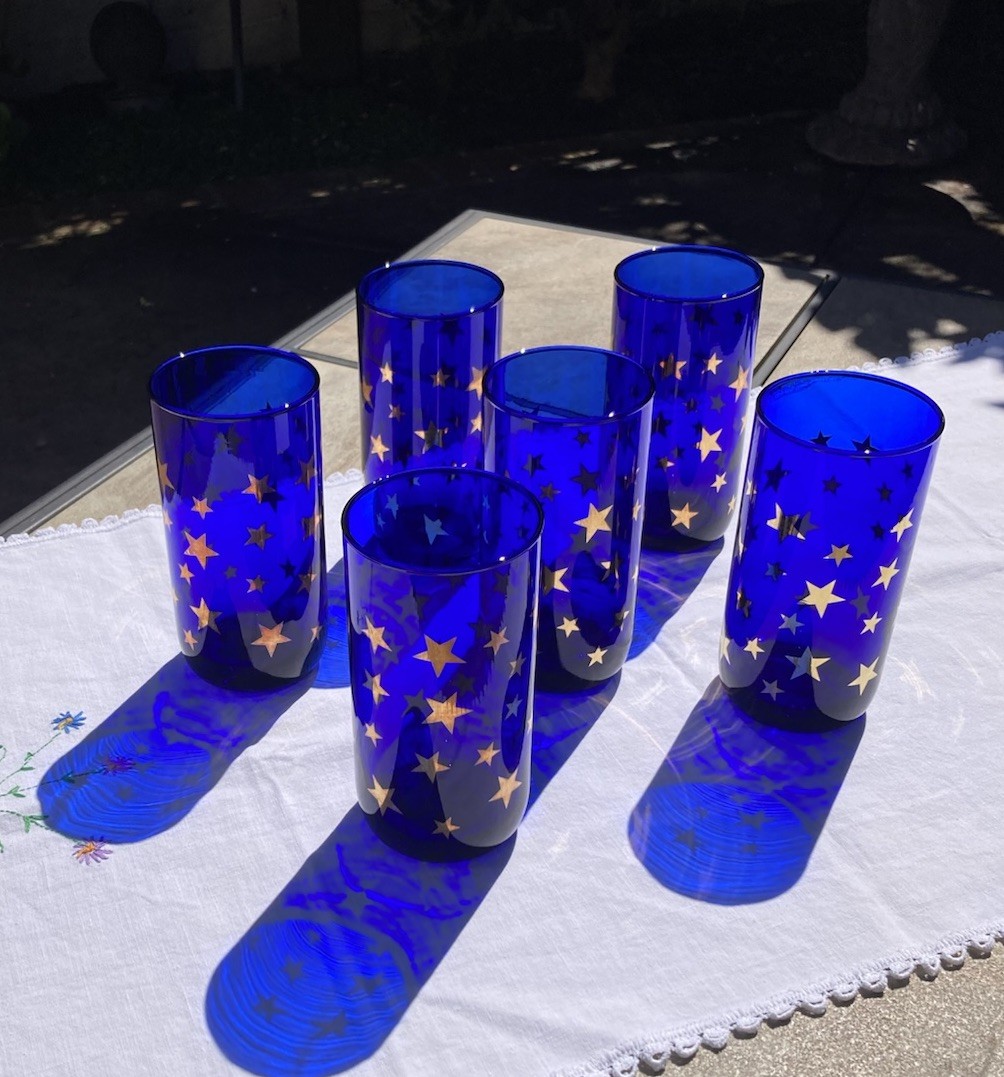 Vintage Libbey "Celestial" Stars  Set of 6  16oz Cobalt Glasses, ( 5 Never Used)