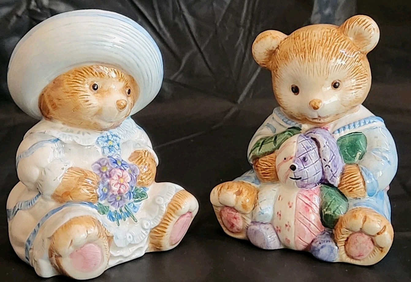 Vintage Fitz & Floyd 1993 Spring Baby Teddy Bears Set Salt N Shaker 3.5" Rare