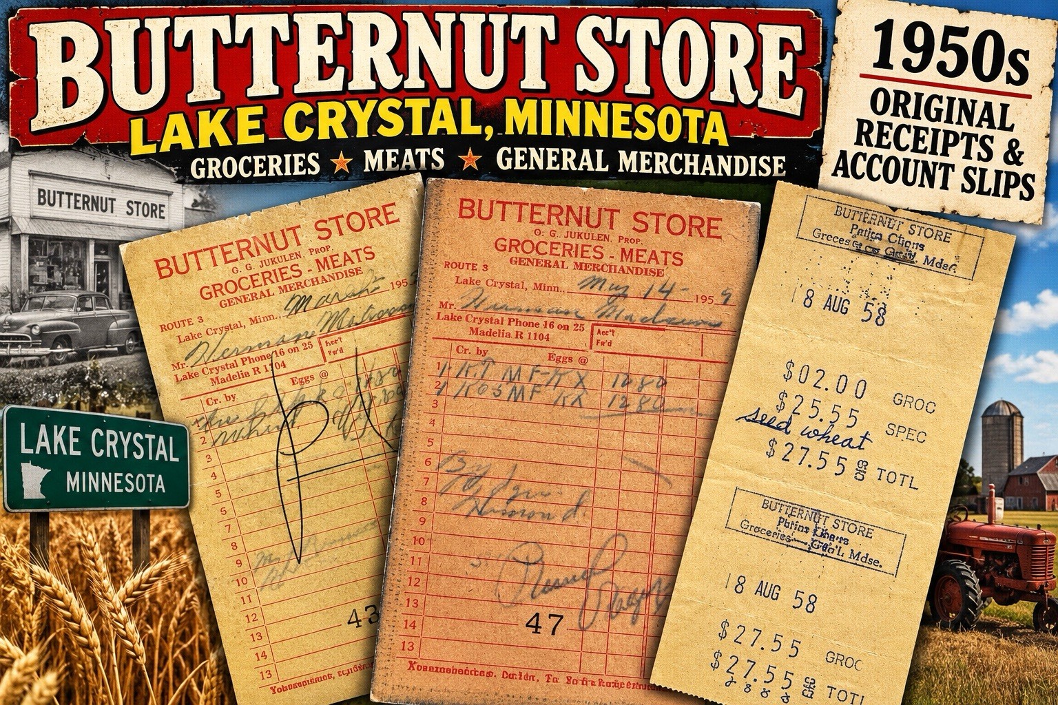 VTG 50s Lot Butternut Store Lake Crystal MN Grocery Receipts Account Slips Farm