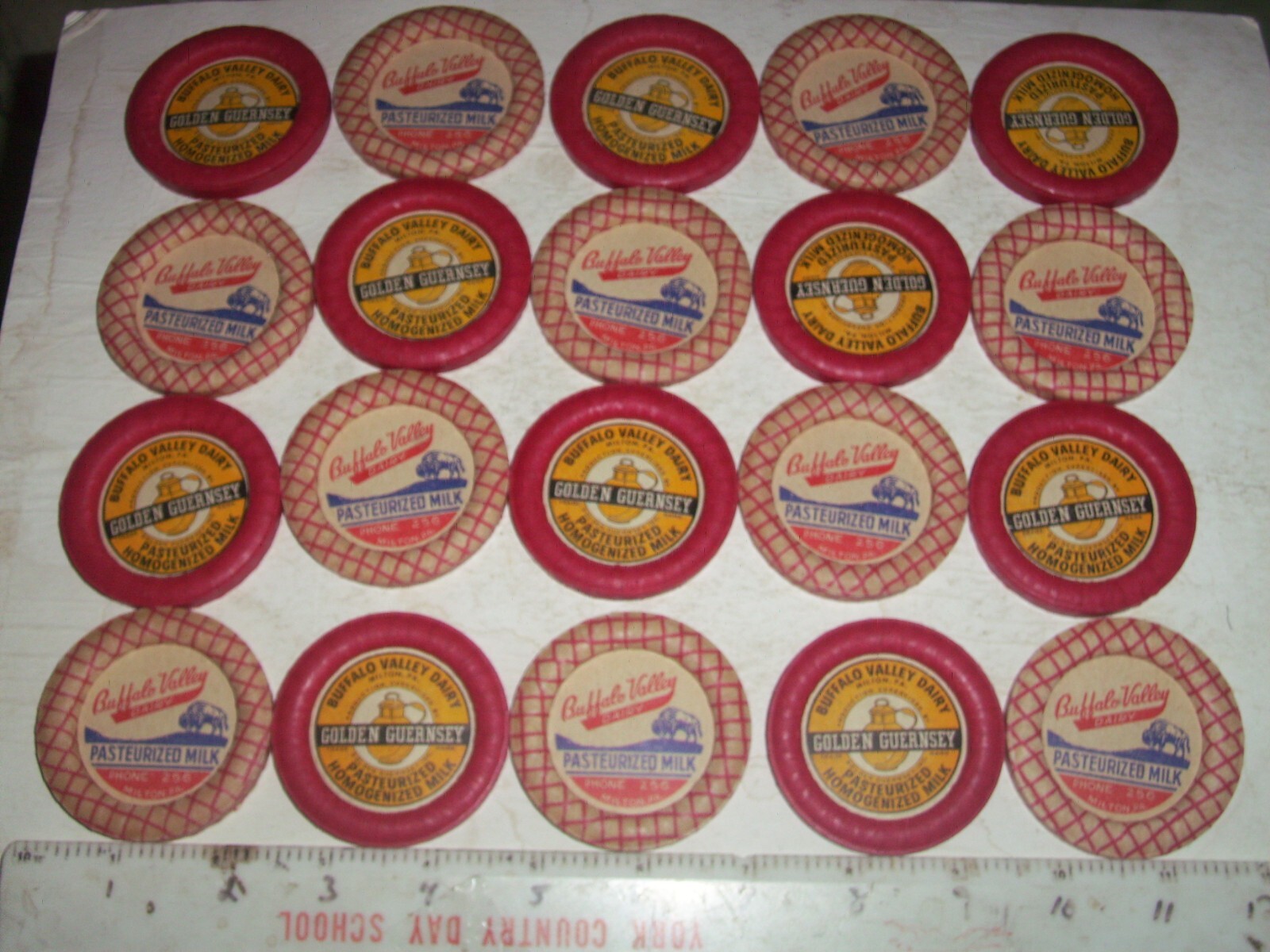 20 un-used Buffalo Valley Dairy milk bottle caps, Milton, Pa. Golden Guernsey 20 un-used Buffalo Valley Dairy milk bottle caps, Milton, Pa. Golden Guernsey