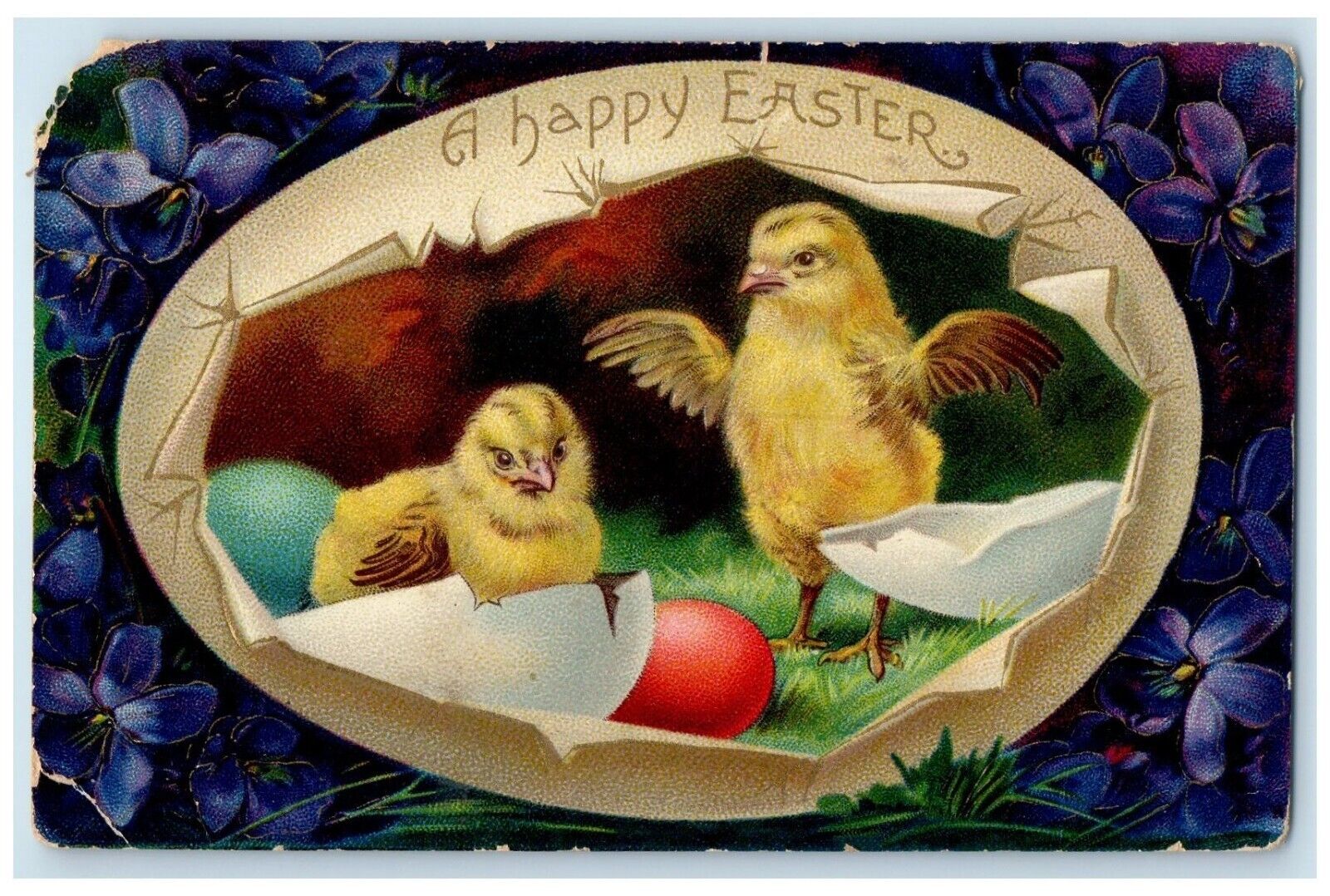 1915 Easter Hatched Egg Chicks Flowers Agricola Kansas KS Embossed Postcard