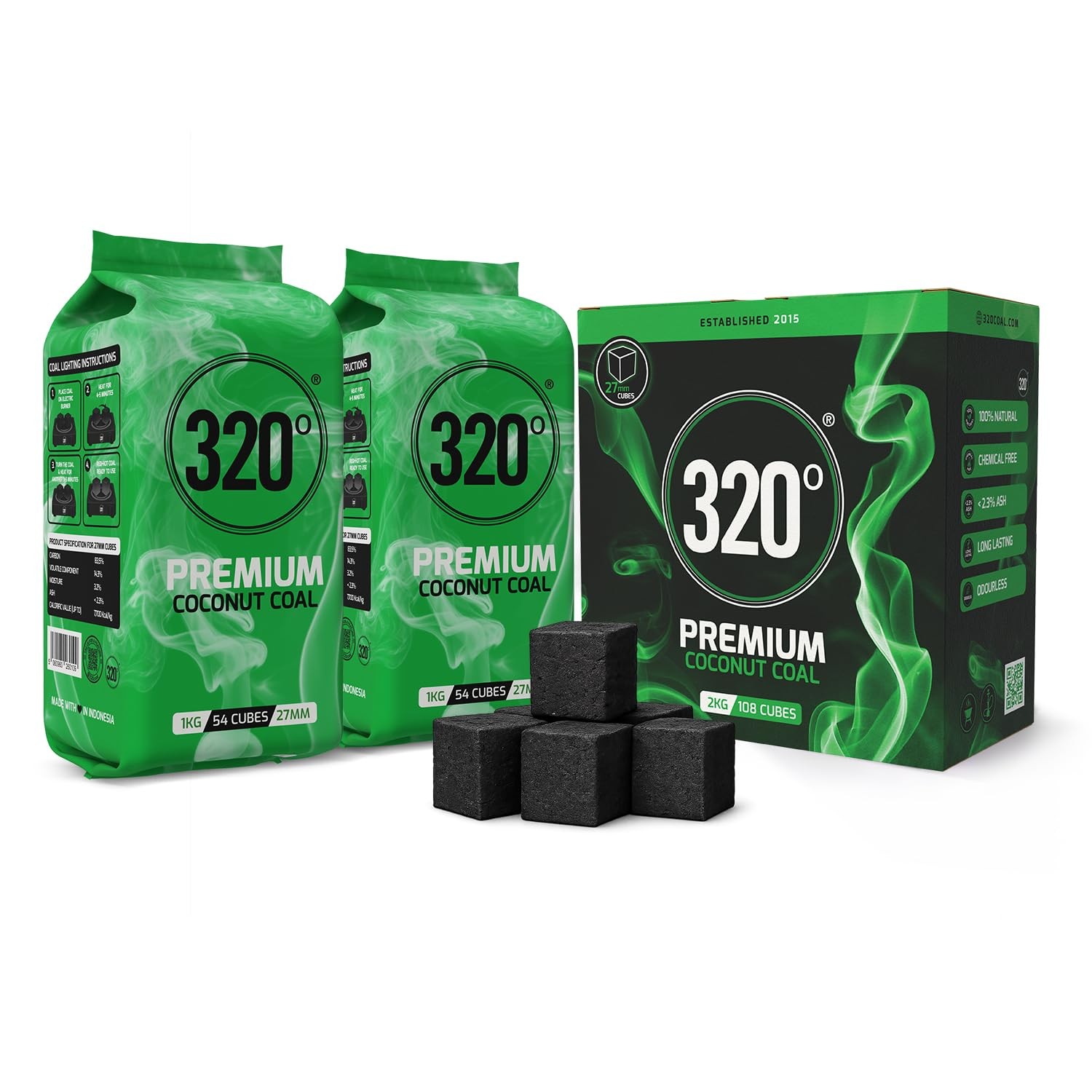 320° 2 kg Premium Hookah Shisha Coconut Charcoal Coal (27mm Cubes) for BBQ 2 kg 320° 2 kg Premium Hookah Shisha Coconut Charcoal Coal (27mm Cubes) for BBQ 2 kg