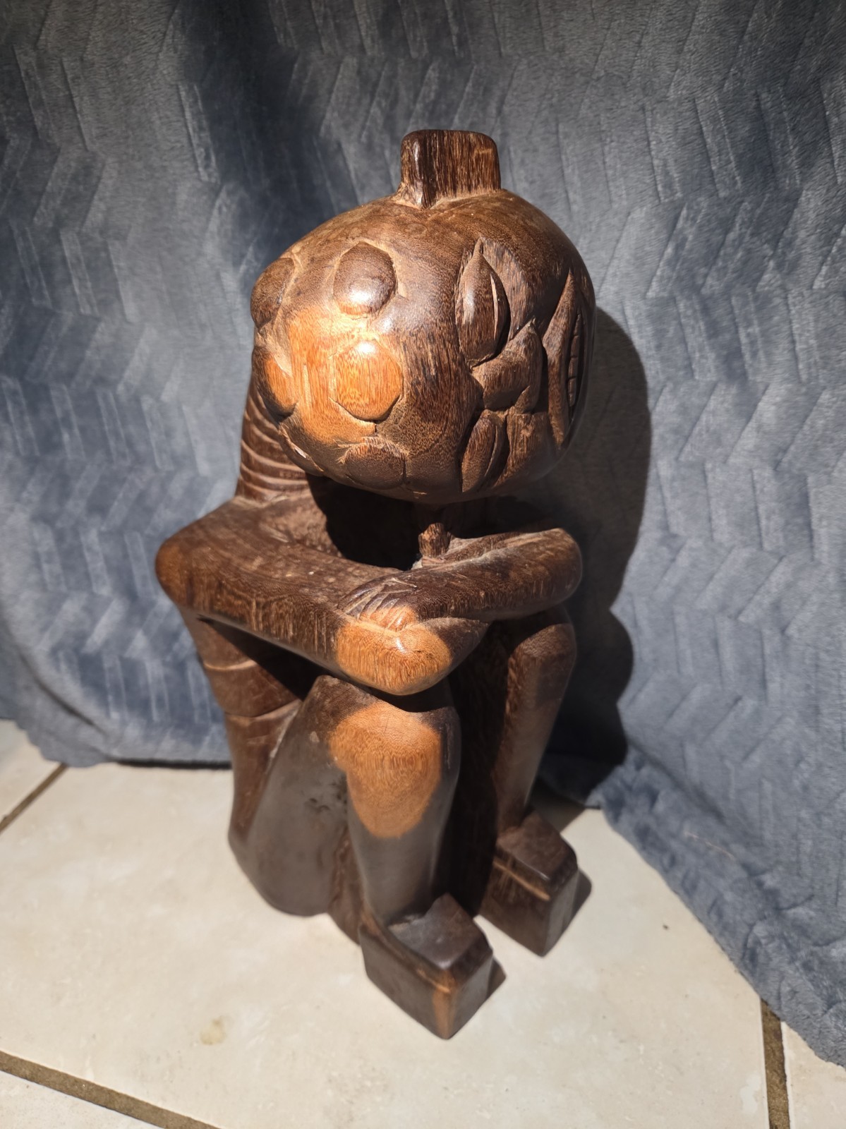 Vintage African Hand Carved Wood Seated Figure Sculpture 13.5" Arms Crossed F.B.