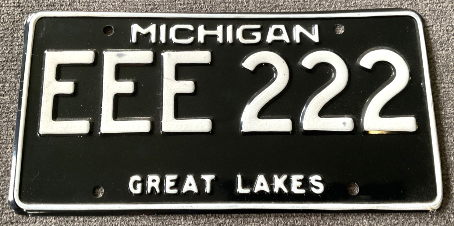 VERY RARE 1970's EEE 222 MICHIGAN LICENSE PLATE ALL ORIGINAL NOS NICE VERY RARE 1970's EEE 222 MICHIGAN LICENSE PLATE ALL ORIGINAL NOS NICE