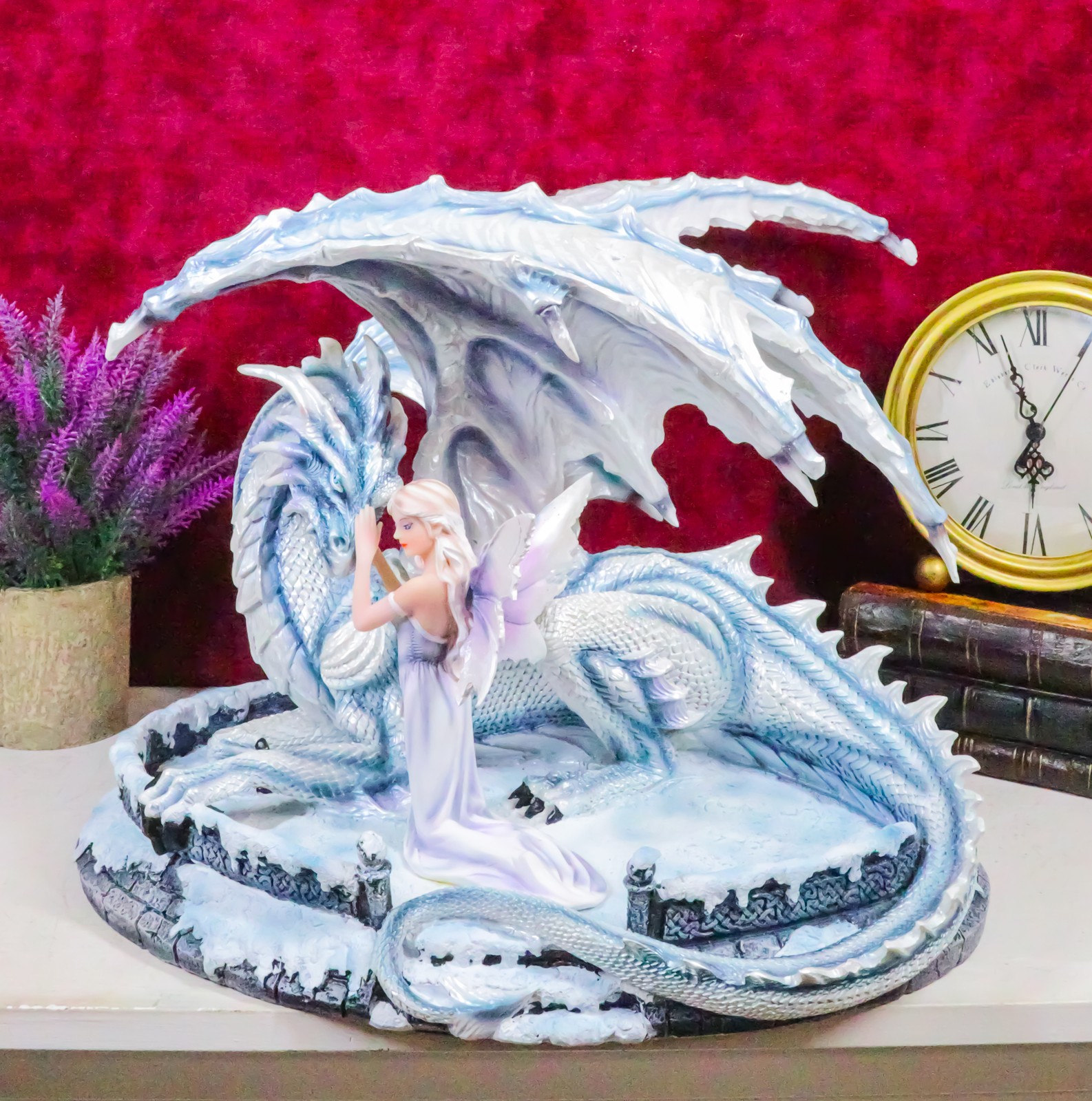 Ebros Large 15" Long Winter Blizzard Fairy with Giant White Dragon Statue Ebros Large 15" Long Winter Blizzard Fairy with Giant White Dragon Statue