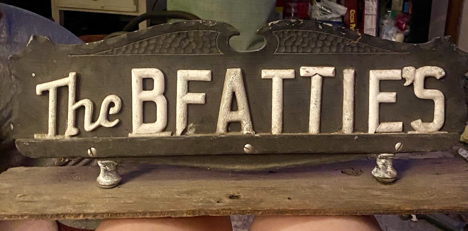 Vintage Family Name Sign “The BEATTIES” Gray/White Painted, Free Standing Vintage Family Name Sign “The BEATTIES” Gray/White Painted, Free Standing