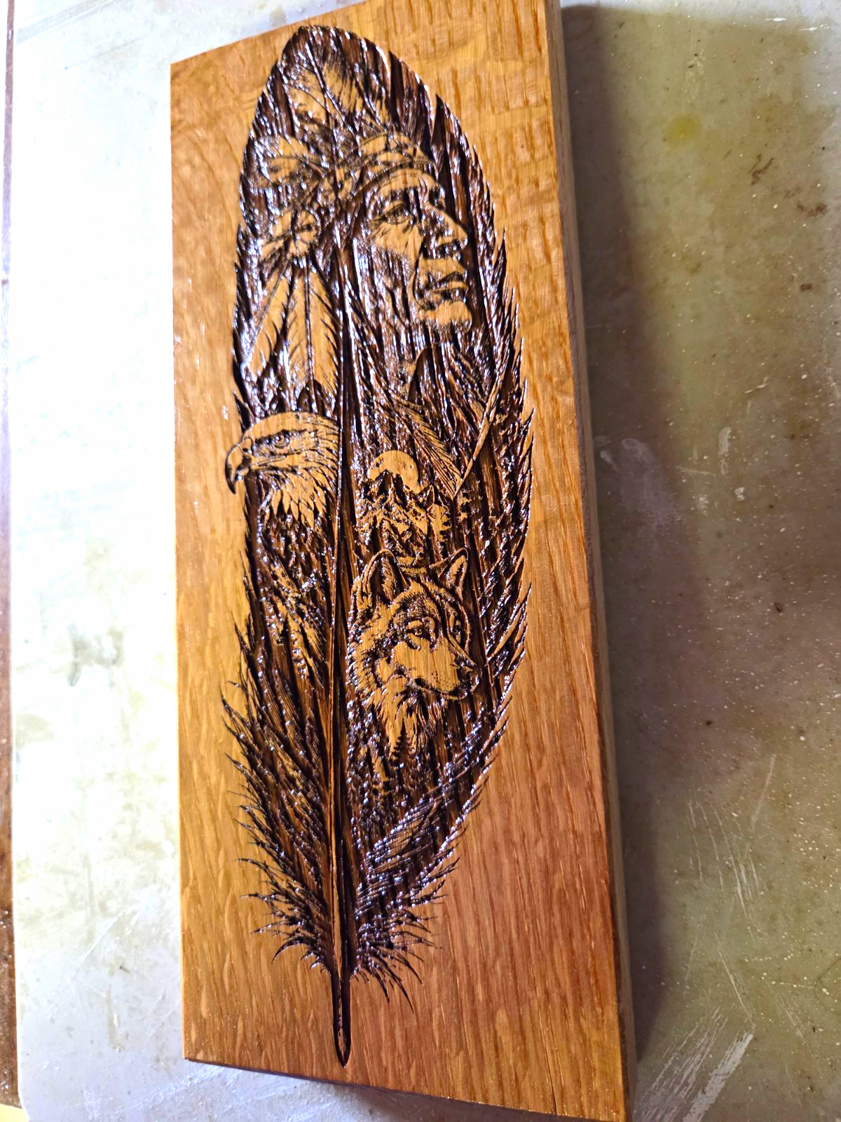 Native American Inspired Feather W/ Eagle, Chief Head & Wolf Cherry Wall Art Native American Inspired Feather W/ Eagle, Chief Head & Wolf Cherry Wall Art