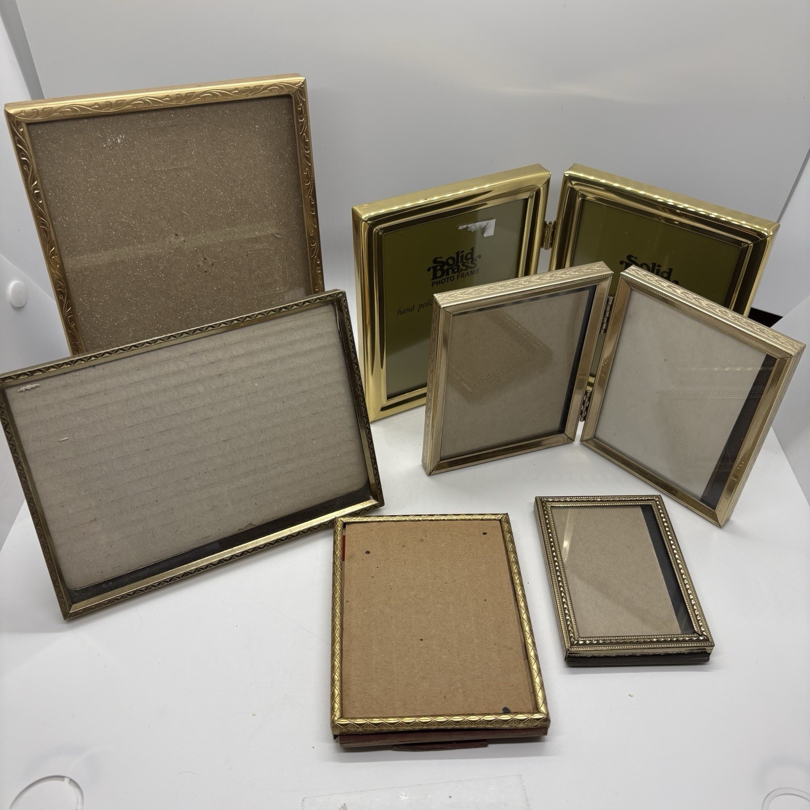 Vintage Lot Of 6 Small Brass Picture Frames Ornate Folding 
