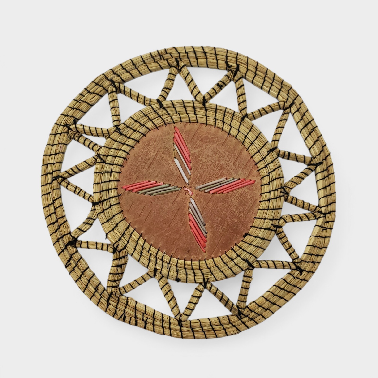 Vintage Porcupine Quill Birch Bark Sweetgrass Trivet 6" Round Handmade Art Vintage Porcupine Quill Birch Bark Sweetgrass Trivet 6" Round Handmade Art