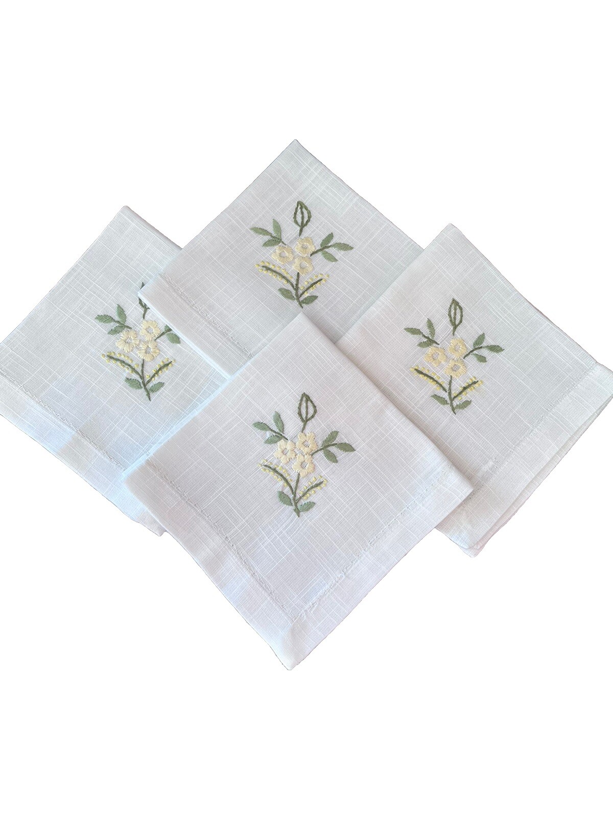 White Linen Luncheon Napkins Hand Embroidered Flowers Yellow Vintage LOT 4 16" White Linen Luncheon Napkins Hand Embroidered Flowers Yellow Vintage LOT 4 16"
