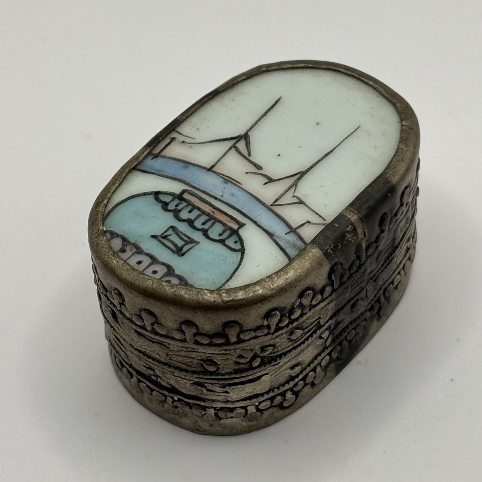 Vintage Hand Painted Landscape Trinket Box Silver Tone Metal Pill Box Vintage Hand Painted Landscape Trinket Box Silver Tone Metal Pill Box