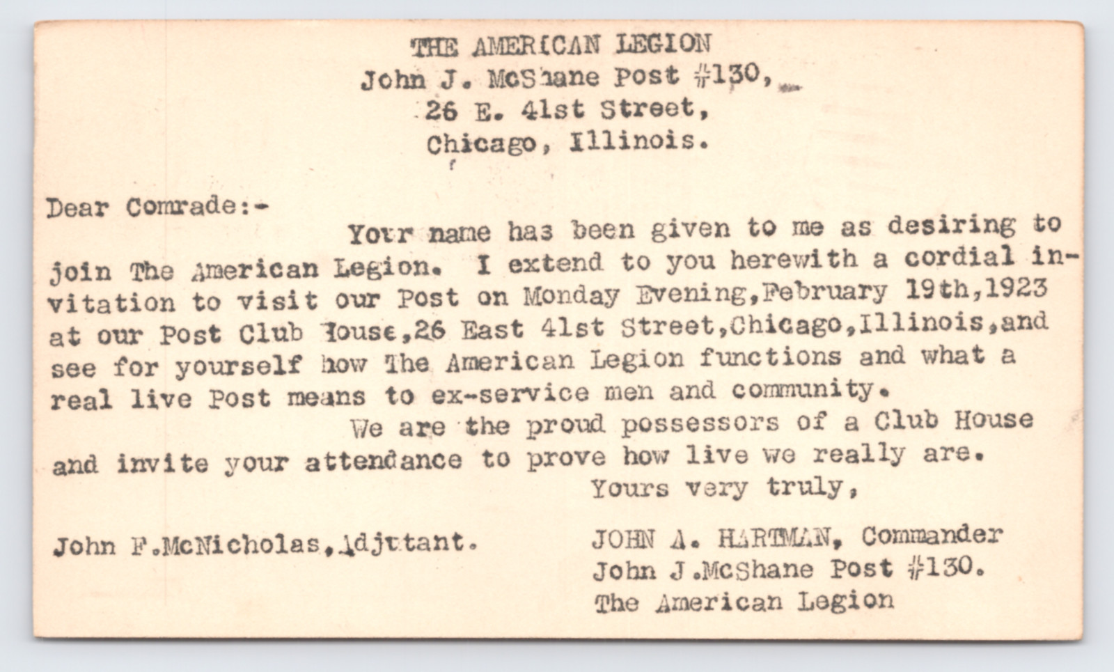 1923 American Legion John J McShane Post 130 Postal Card Chicago IL WWI Veterans 1923 American Legion John J McShane Post 130 Postal Card Chicago IL WWI Veterans