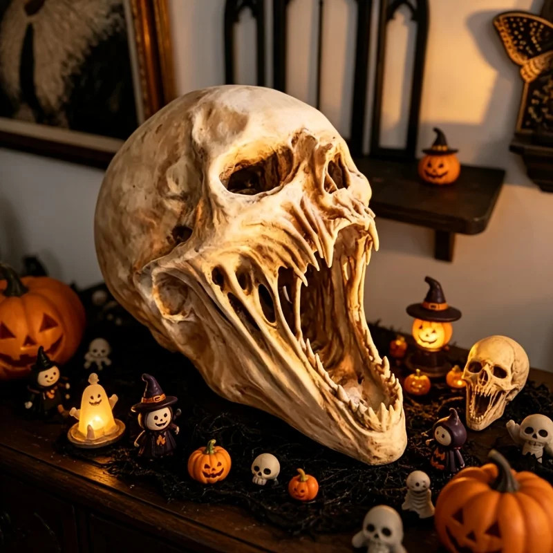Halloween Giant Alien Fanged Skull Resin Statue, Creepy Open Mouth Horror Skull Halloween Giant Alien Fanged Skull Resin Statue, Creepy Open Mouth Horror Skull