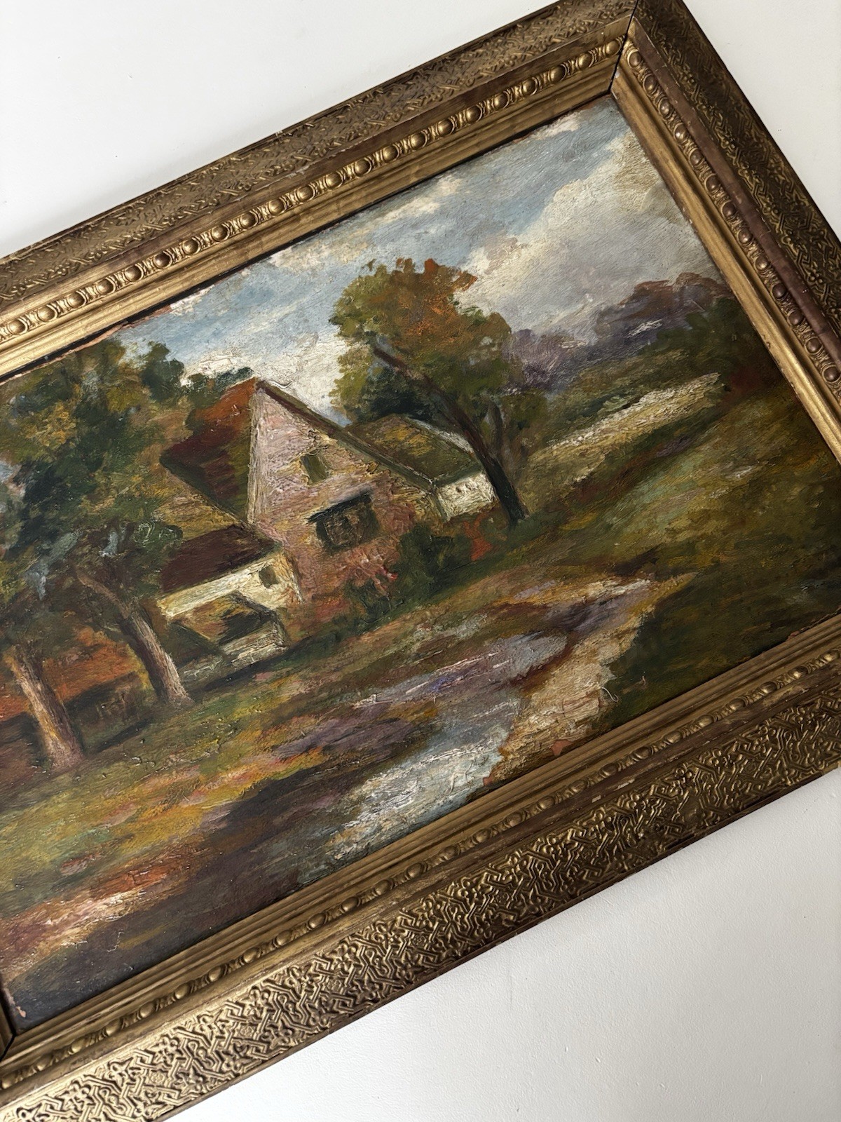 Antique oil on wood landscape painting European Giltwood ornate frame 19th cent. Antique oil on wood landscape painting European Giltwood ornate frame 19th cent.